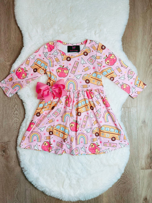 Bowtism Boho School Bus Twirl Dress with Matching Bow - Bowtism